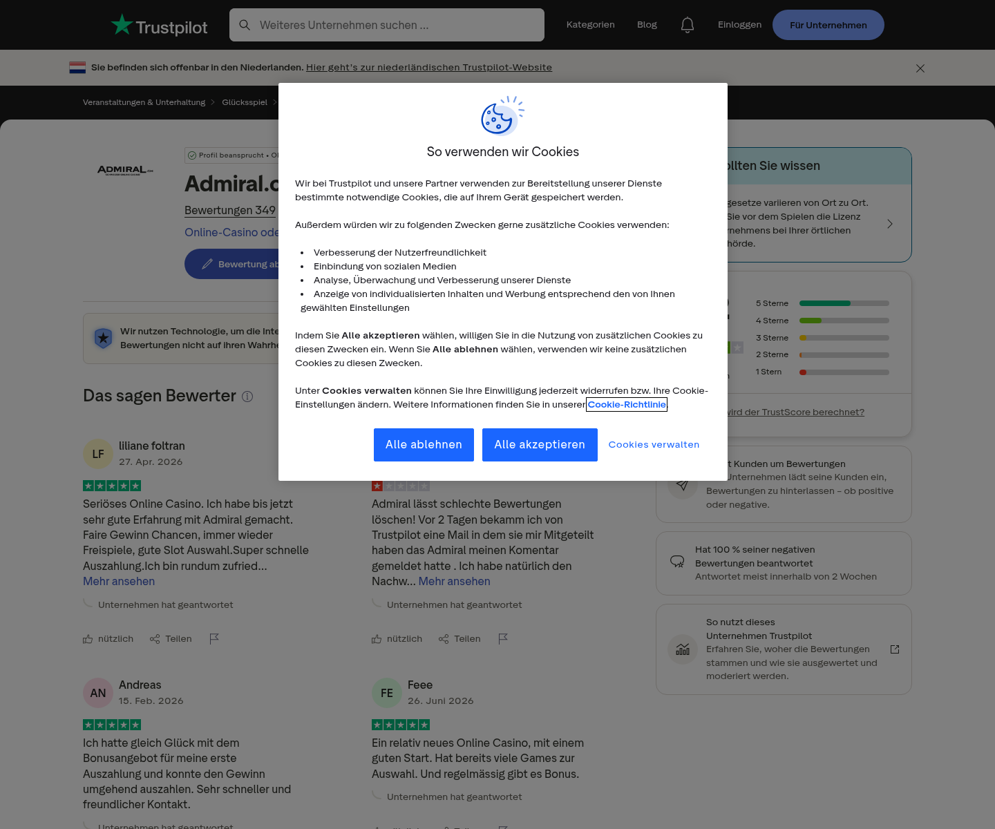Cattura datata del contesto di recensioni utenti relativo ad Admiral.ch