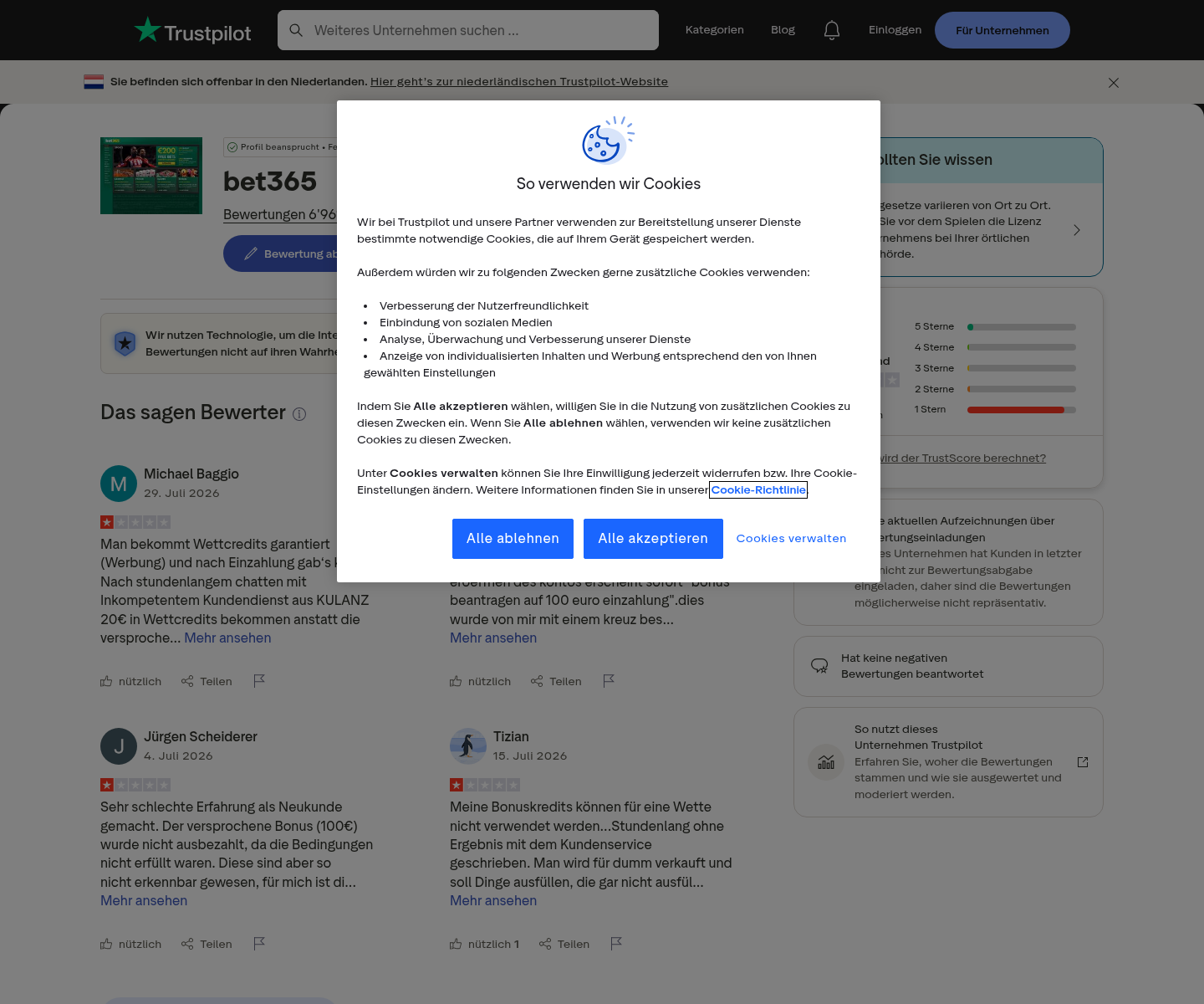 Cattura datata di recensioni comunitarie su Bet365, utilizzata solo come contesto