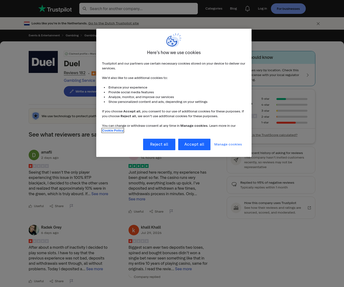 Datierte Aufnahme von Nutzerbewertungen zu duel.com