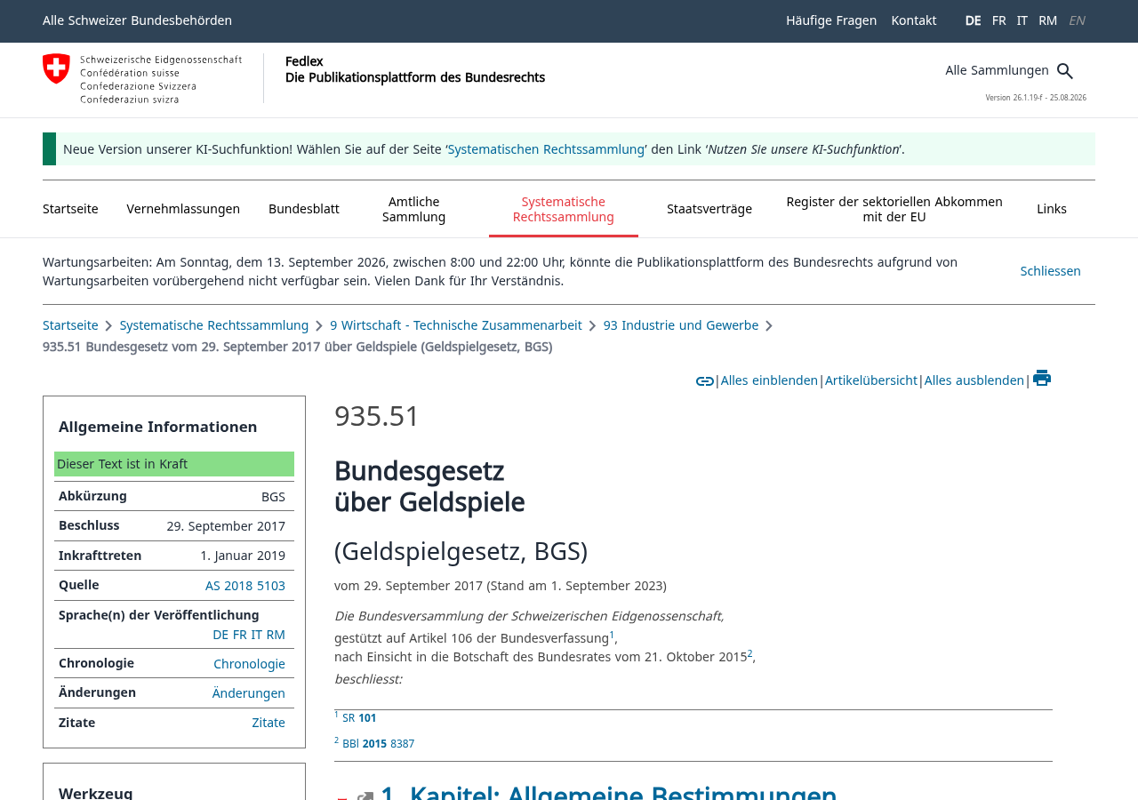 Amtliche Fedlex-Fassung des Schweizer Geldspielgesetzes, geprüft am 9. September 2026